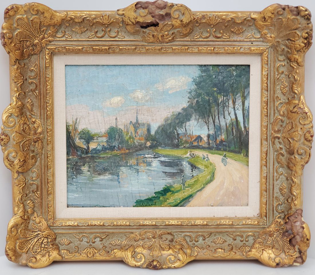 M Cullen Impressionist Oil Painting on Panel Park Cathedral Bicycle Boat Pond (1 of 10)