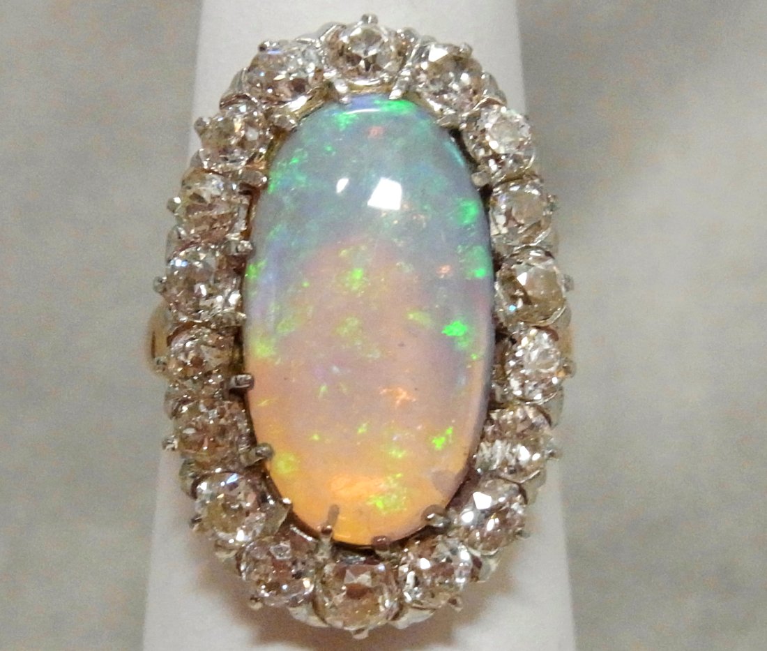 Antique 3.75ct Natural Australian Opal 2.50ctw Old Euro Diamond 14k Gold Ring 1920s (1 of 13)
