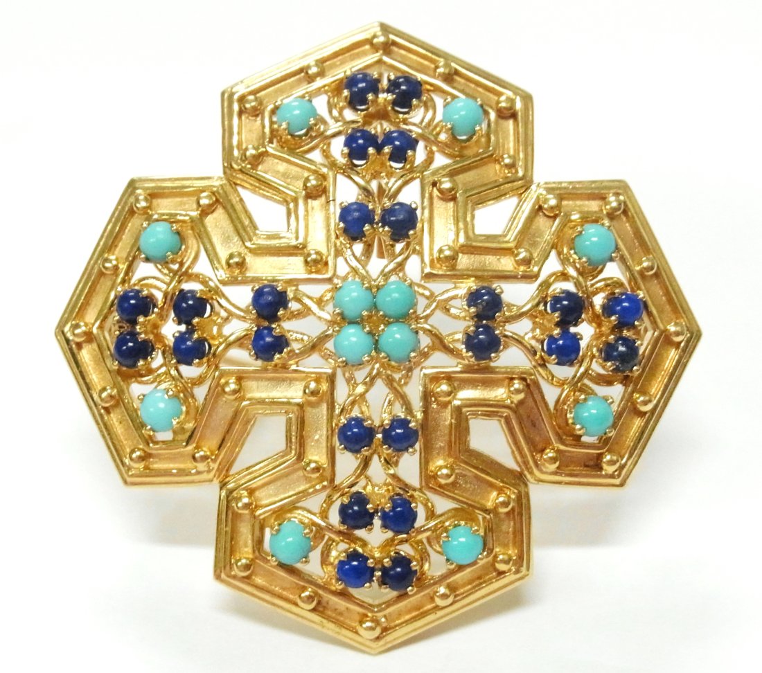 Huge 18k Gold Persian Turquoise Lapis Pendant Signed Numbered Midcentury Iron Maltese Cross Pin 36gr (1 of 12)