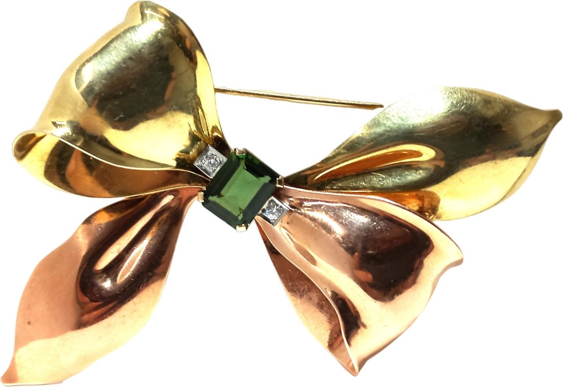 Vintage Large 14K Rose Yellow White Gold Green Tourmaline Diamond Ribbon Bow Brooch (1 of 8)