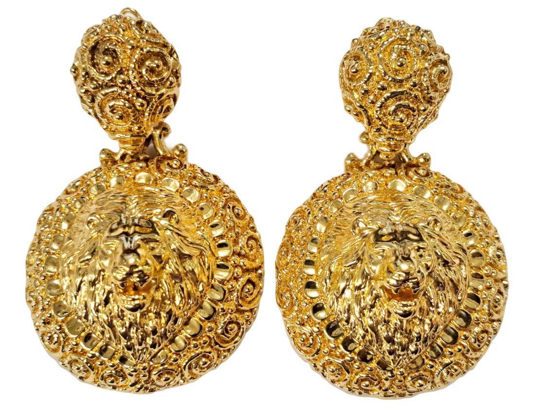 Pair Of 18K Yellow Gold Graziella Made In Italy Lions Head Earrings (1 of 11)