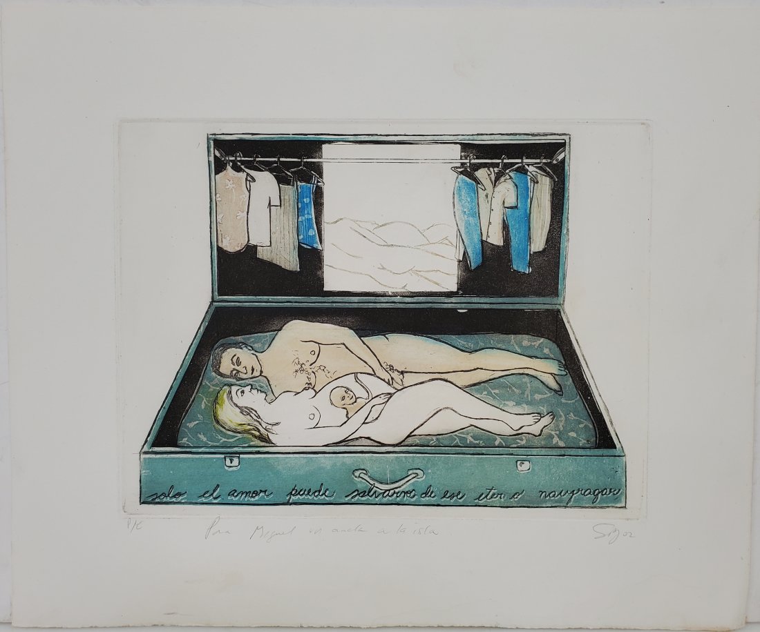 Sandra Ramos Lorenzo Cuban Pencil Signed Colored Etching Print: Title: Sandra Ramos Lorenzo Cuban Pencil Signed Colored Etching Print Description:Sandra Ramos Lorenzo Cuban Pencil Signed Colored Etching Print. Solo el amor puede salvarnos de este eterno naufragar