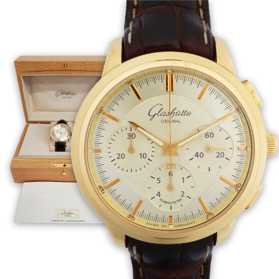 Glashutte Original 18k Gold Senator Chronograph Box Papers: Title:Glashutte Original 18k Gold Senator Chronograph Box Papers Description: Glashutte Original 18k Gold Chronograph Box Papers. Our sister company sold his new to a collector who rarely wore it. Cas