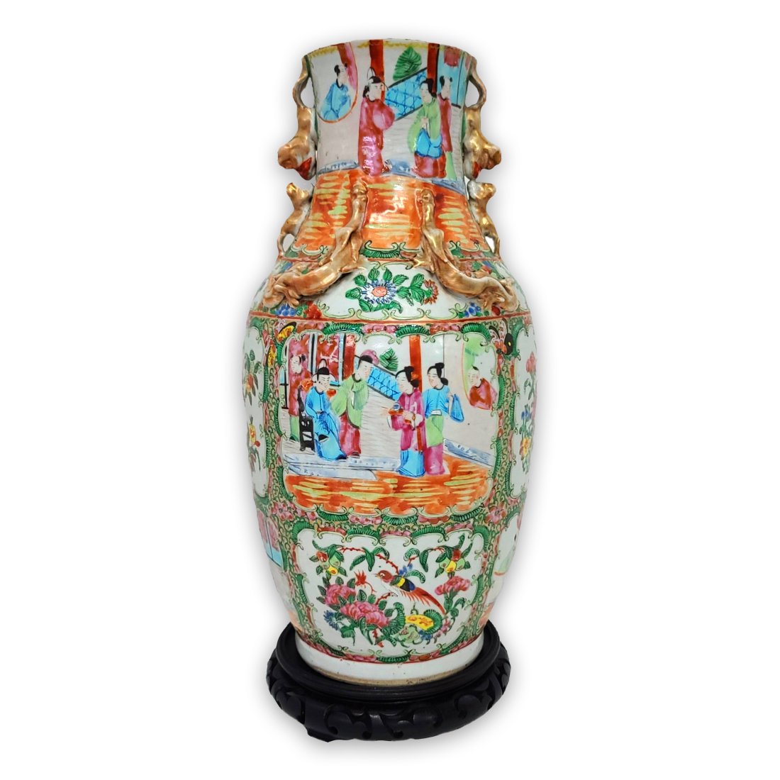 Antique 16 Inch Tall Chinese Rose Medallion Vase with Export Stand: Described by: Robin NGE HFA VX Title: Antique 16 Inch Tall Chinese Rose Medallion Vase with Export Stand Description: Antique 16 Inch Tall Chinese Rose Medallion Vase with Export Stand. A beautifully 