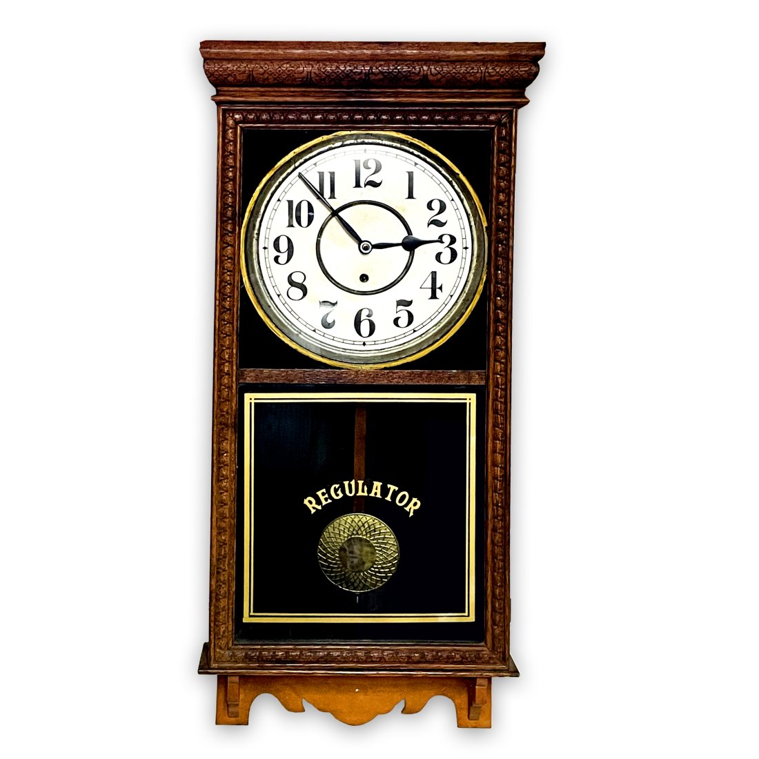 Antique Wood Case Regulator Pendulum Hanging Wall Clock: Described By:Rachel HFA DBJQ Title:Antique Wood Case Regulator Pendulum Hanging Wall Clock Description: Up for auction is a very cool antique wood case regulator wall clock. The clock does run but we