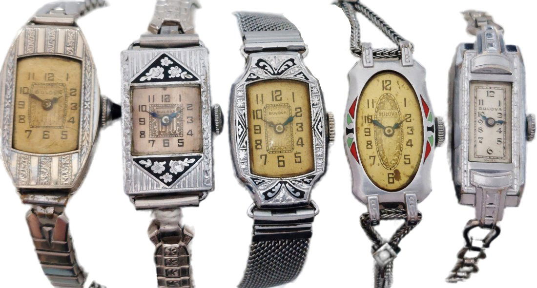 Vintage Lot Of Five Ladies Art Deco Enamel Bulova Wristwatches Group 11 As Is: Described by: Title: Vintage Lot Of Five Ladies Art Deco Enamel Bulova Wristwatches Group 11 As Is Description: See Below Identification: CNX 1322 791 Lot Number: 3296
