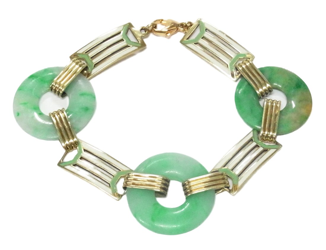 1930s Untreated Type A Jadeite Jade 14k Gold White & Green Enamel 1930s Art Deco Bracelet (1 of 14)