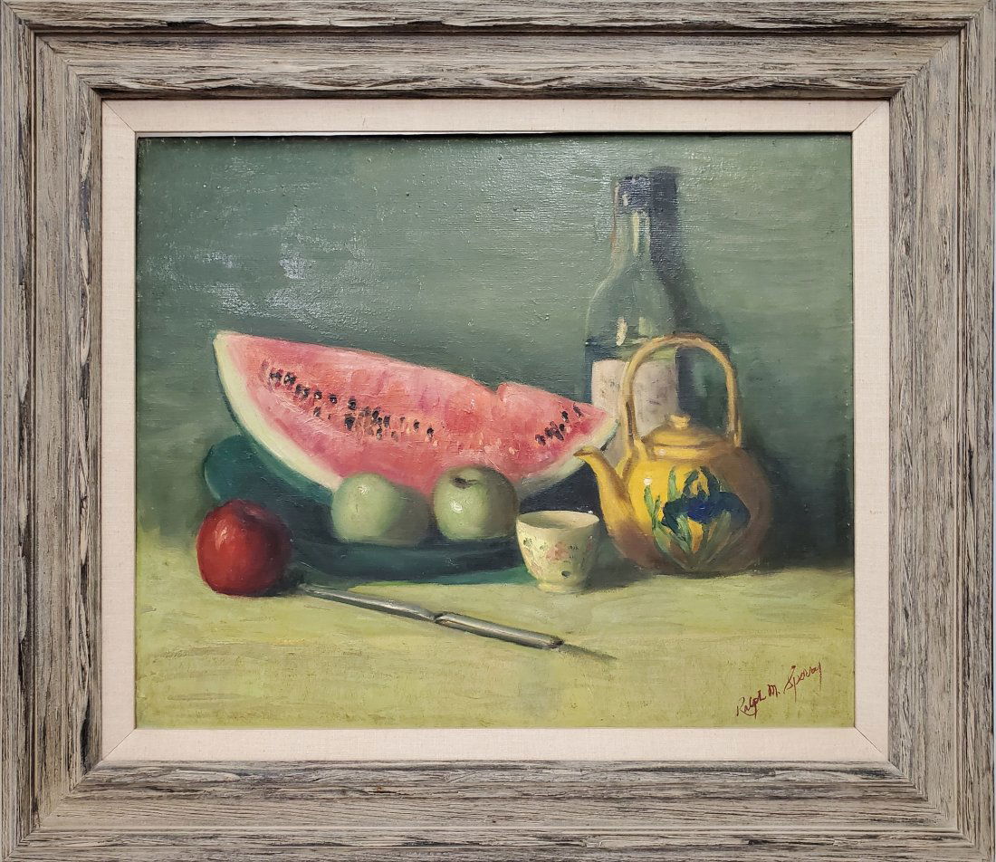 Ralph Sperry Rhode Island Artist Watermelon Fruit Still Life Oil Painting: Described By: Michelle HFA DBJQ NFDD Title: Ralph Sperry Rhode Island Artist Watermelon Fruit Still Life Oil Painting Description:Ralph Sperry Rhode Island Artist Watermelon Fruit Still Life Oil Paint