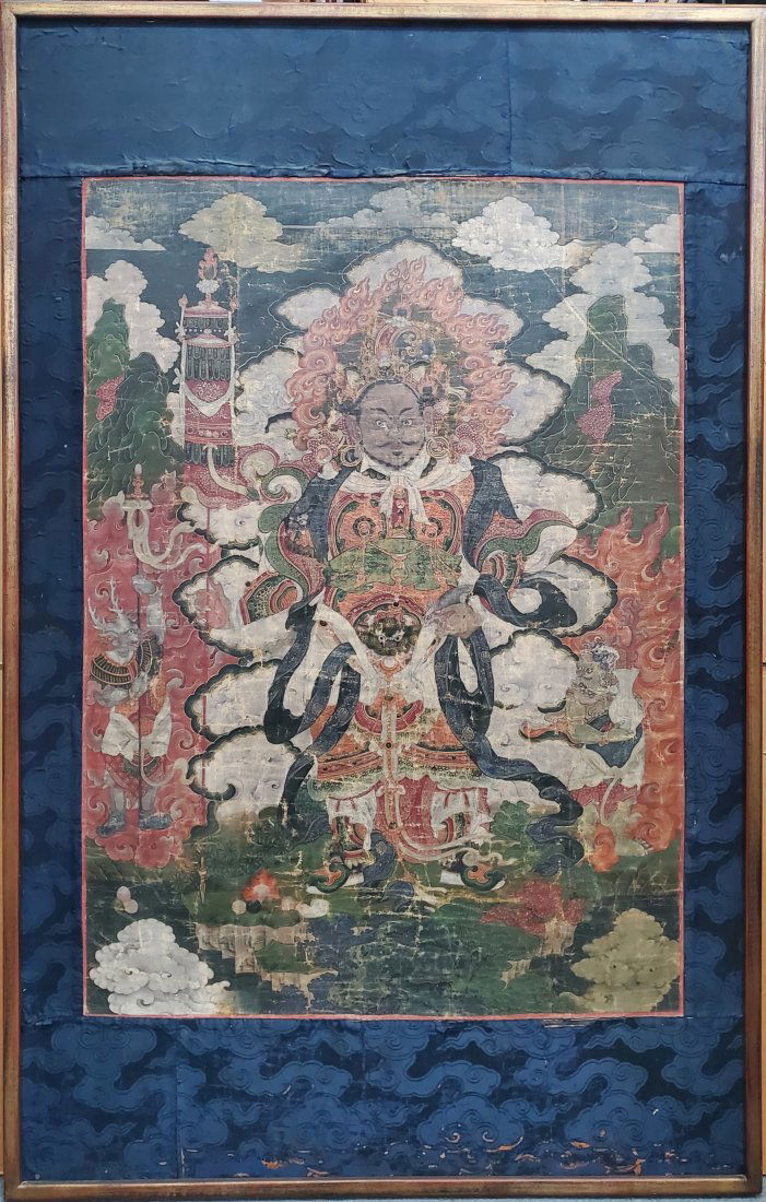 Large Early Antique Chinese Tibetan Thangka Deity Painting Silk Border (1 of 9)
