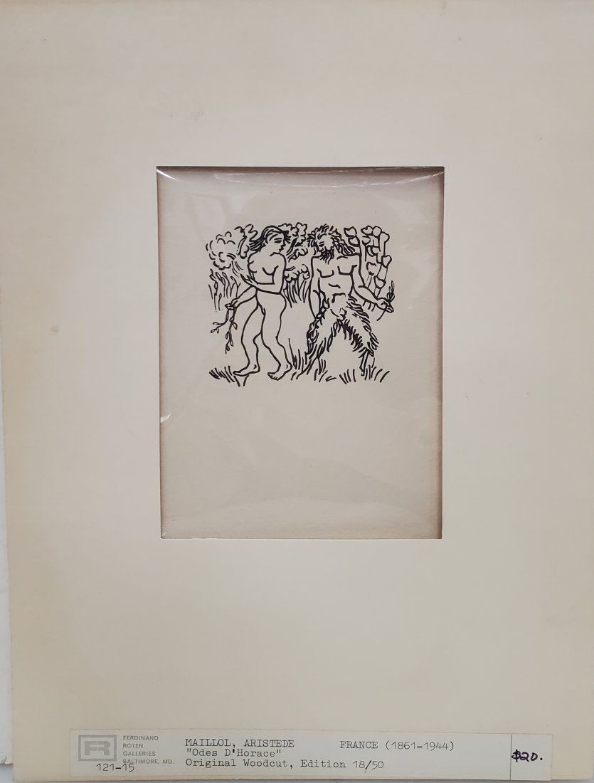 Harvard Estate Aristede Maillol Horace Woodcut Print ed50: Described By: Michelle CNX 1408 6162 E Title: Harvard Estate Aristede Maillol Horace Woodcut Print ed50 Description:Harvard Estate Aristede Maillol Horace Woodcut Print ed50. Provenance: Harvard Ph.D.