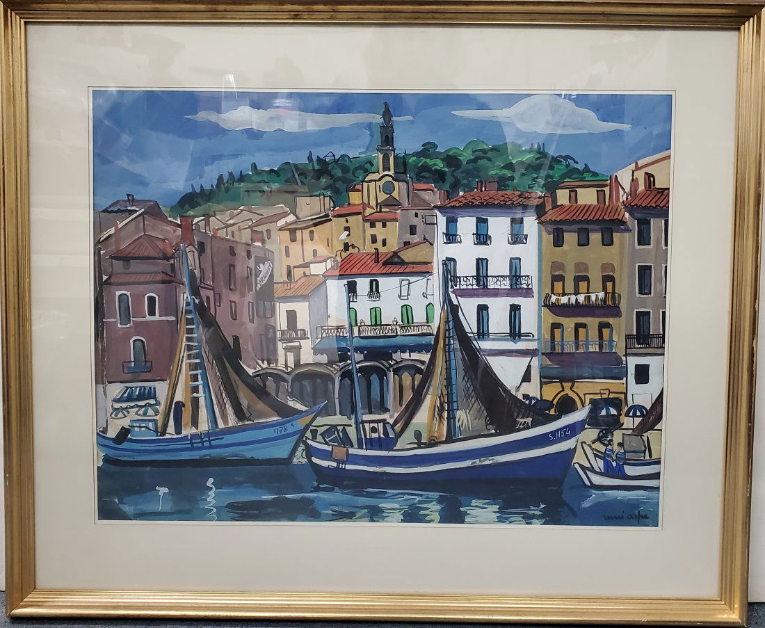 Renee Aspe French Impressionist Harbor Gouache Painting (1 of 7)