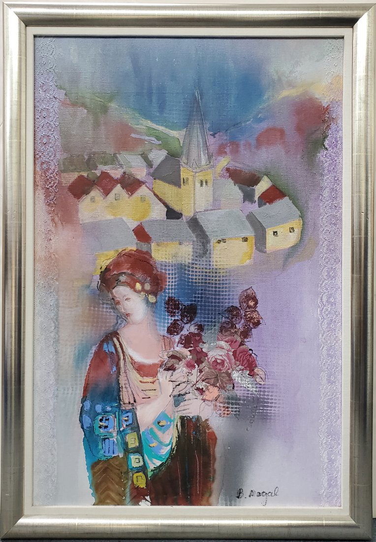 Betia Magal Woman Flowers Village Israeli Artist Large Oil Painting: Described By: Michelle CNX VX.9 Title: Betia Magal Woman Flowers Village Israeli Artist Large Oil Painting Description:Betia Magal Woman Flowers Village Israeli Artist Large Oil Painting Israel Jewish