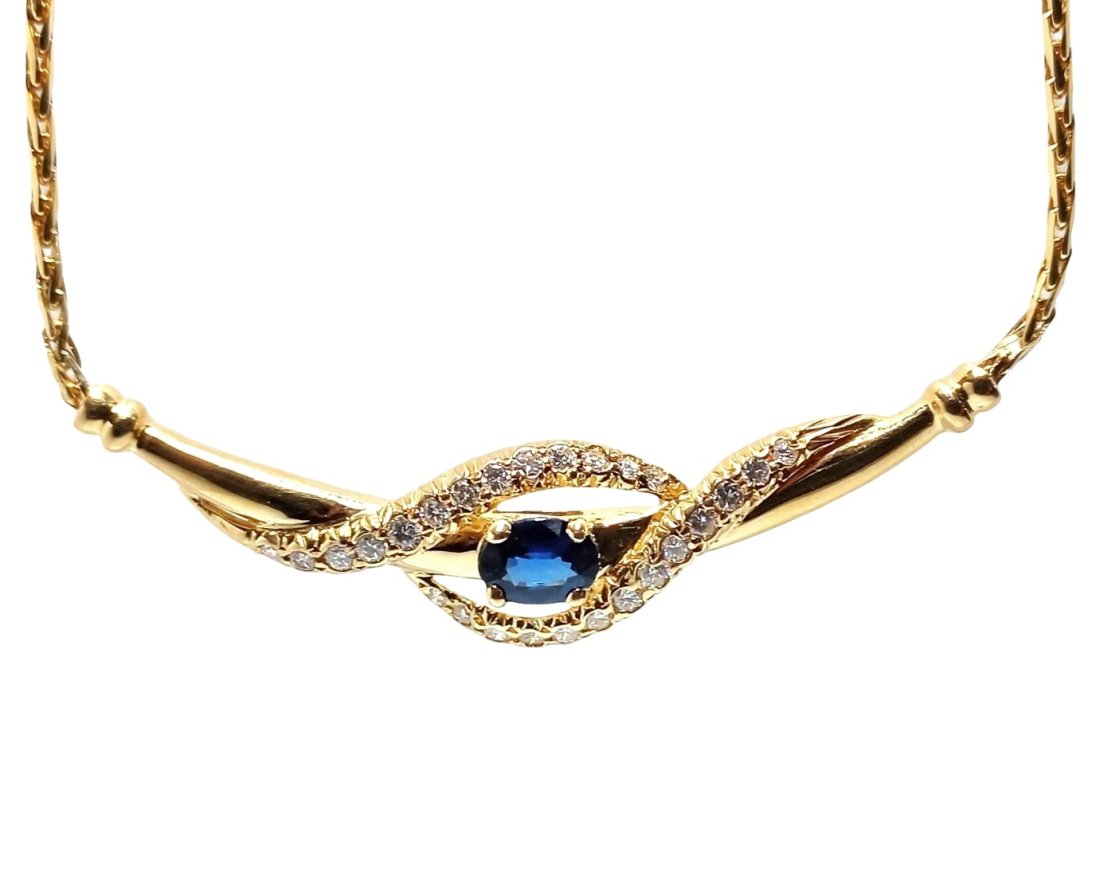 14k Gold Fine Diamond Blue Natural Sapphire Wave Swirl Vintage Station Necklace 9.6 grams (1 of 10)