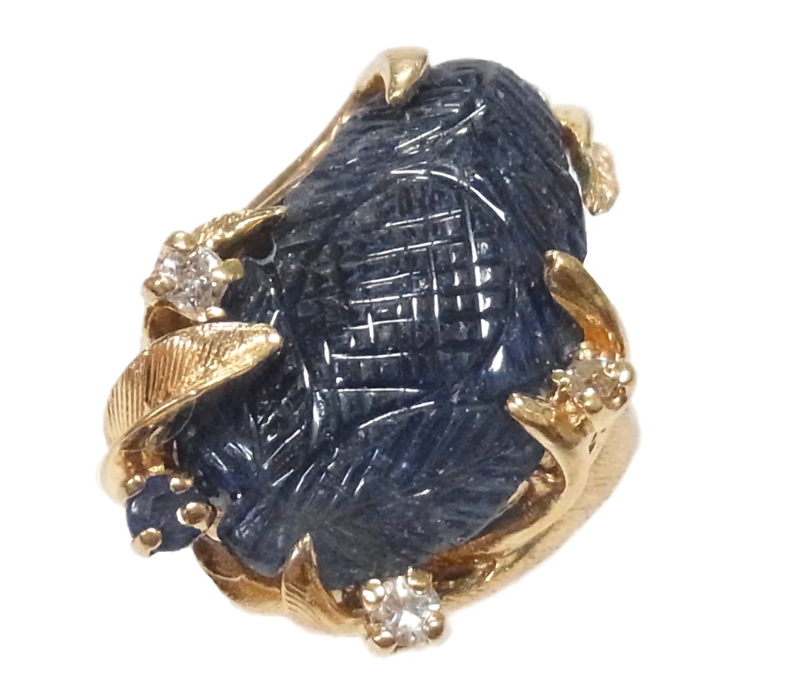 Approx 8.50ct Carved Natural Sapphire Diamond 14k Gold Midcentury Freeform Ring (1 of 11)