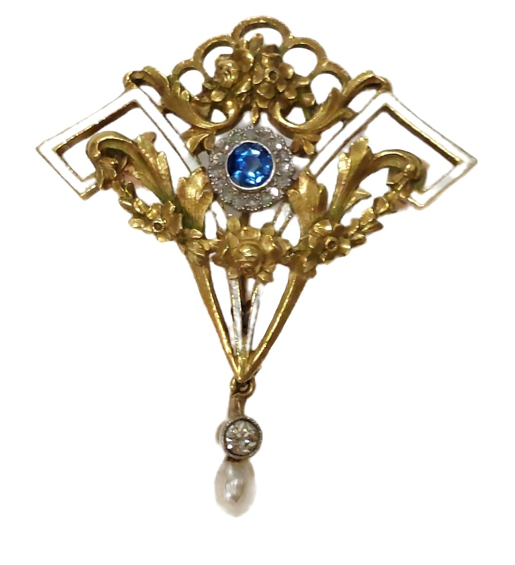 Exquisite GIA Natural No Heat Sapphire 18k Gold Diamond Enamel Pearl Art Nouveau Watch Pin Brooch: Title: Exquisite GIA Natural No Heat Sapphire 18k Gold Old Cut Diamond Enamel Pearl Art Nouveau Watch Pin Brooch Description: Quite the stunning Art Nouveau era 18k gold & enamel ladies watch pin here