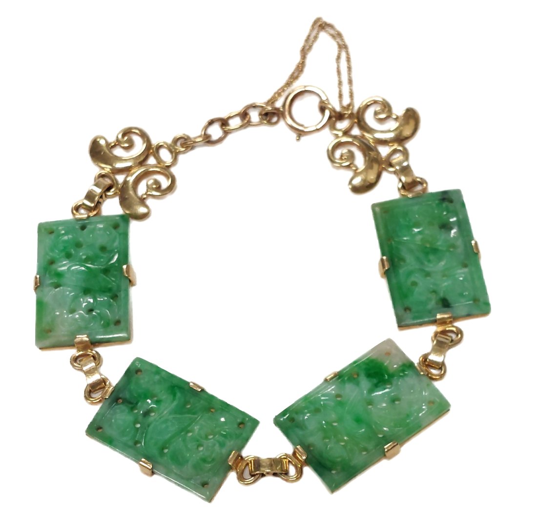 Genuine ca. 1940s Tiffany & Co. 14k Gold Carved Green Jadeite Jade Ladies Bracelet (1 of 15)