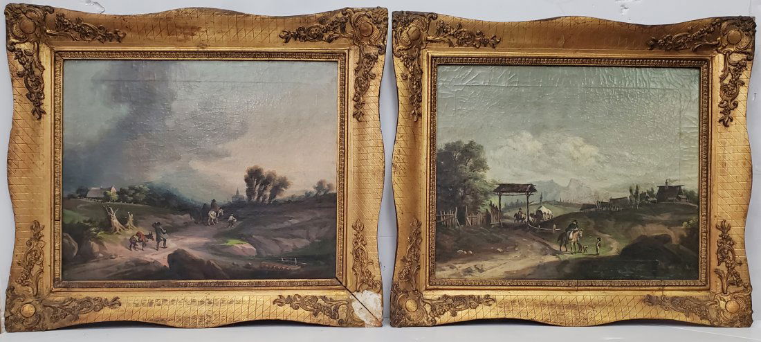 Antique Pair Late 18c Early 19c European Landscape Figures Oil Paintings (1 of 10)