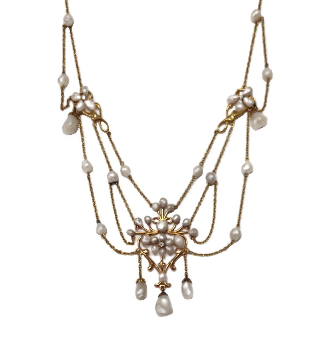 GIA Natural Pearl 14k Gold Art Nouveau Antique Lavalier Dangle Pendant Necklace (1 of 12)
