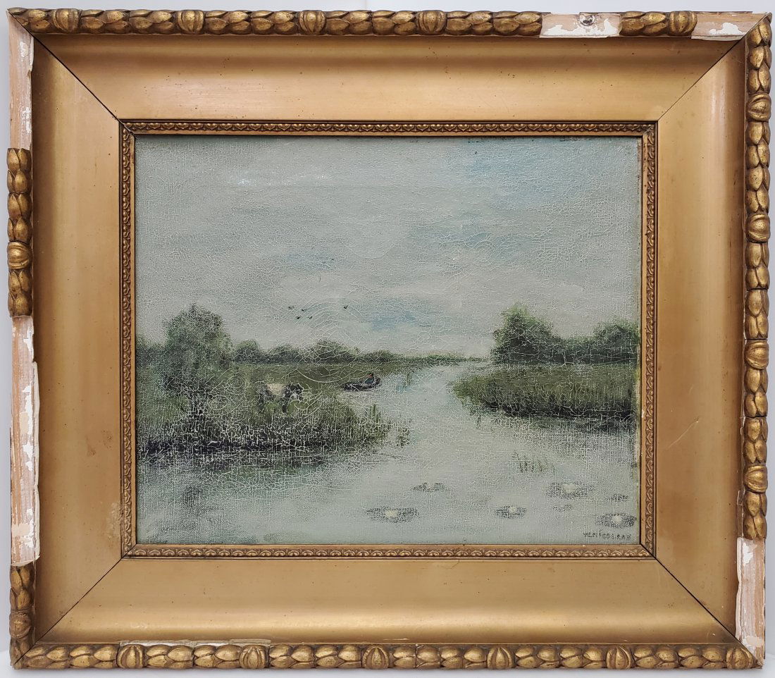 Antique Signed W. Nicolaas Impressionist Marsh Boat Oil Painting (1 of 6)