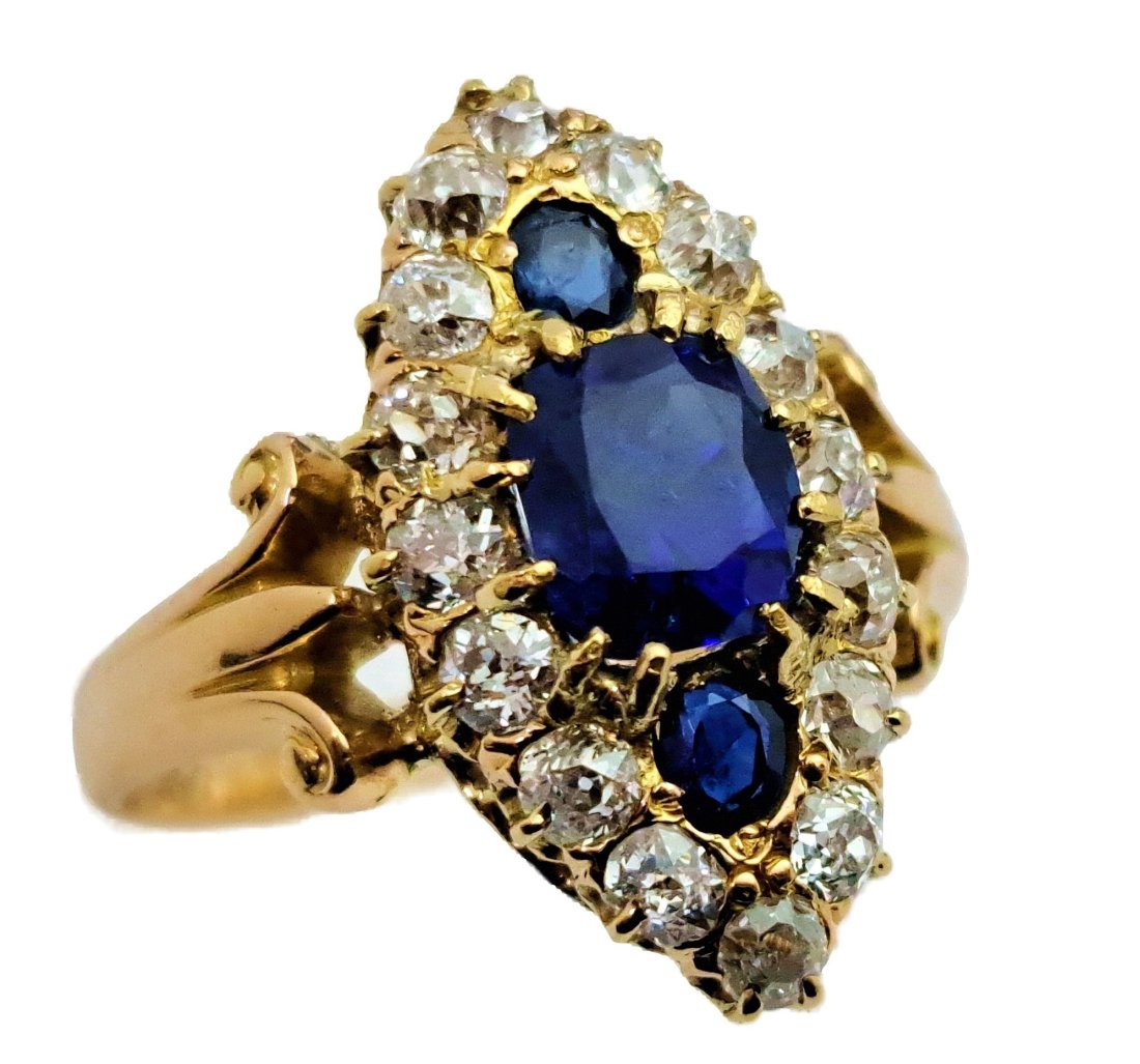 Victorian GIA No Heat Natural Royal Blue Sapphire Old Euro Diamond Gold Ring Dated 1895 (1 of 10)