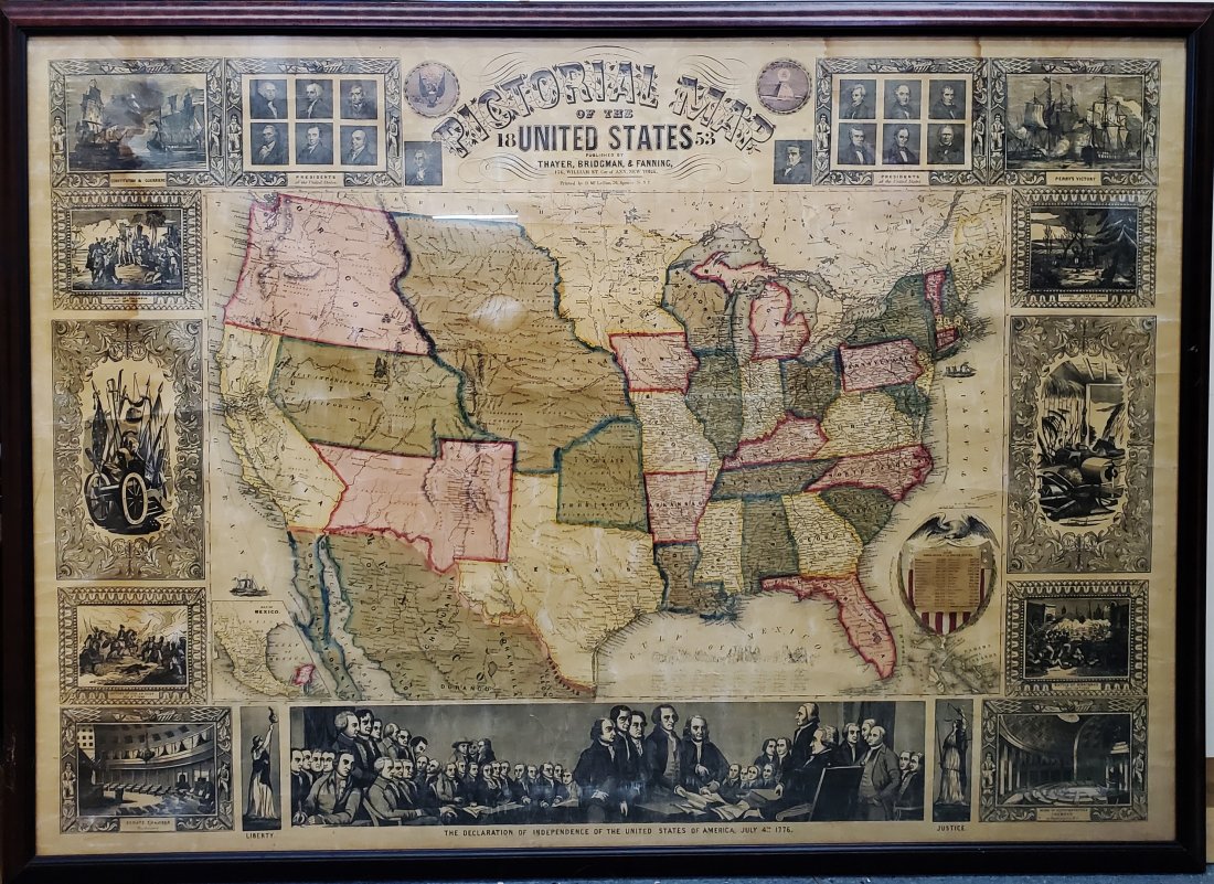 Antique 1853 Hand Colored United States of America Pictorial Map Thayer Bridgman Fanning Publishers: Described By:Michelle NODD HFA DBJQ Title:Antique 1853 Hand Colored United States of America Pictorial Map Thayer Bridgman Fanning Publishers Description: Antique 1853 Hand Colored United States of Am