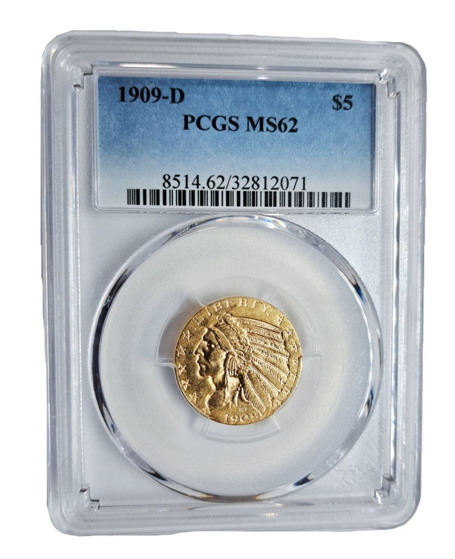 1909D PCGS MS62 $5 Indian Head United States Gold Coin (1 of 3)