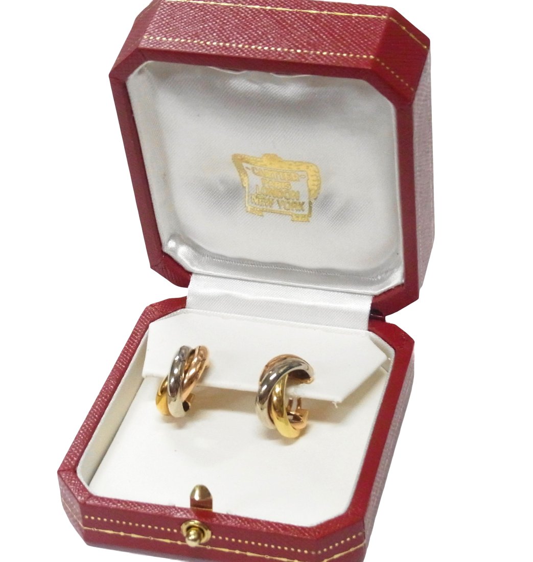 Cartier White Rose Yellow 18k Gold Tri Color Trinity Small Huggie Hoop Signed Earrings  w/ Box (1 of 14)