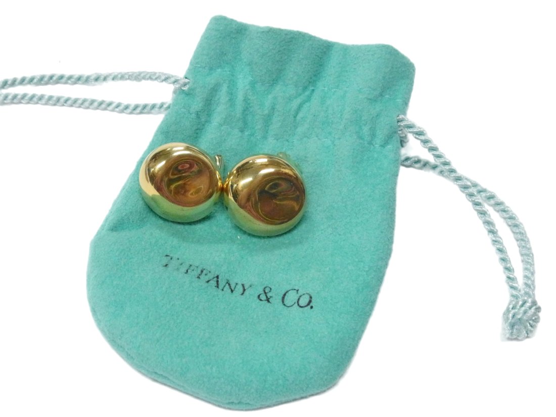 Tiffany & Co. 18k Gold Signed Elsa Peretti Bean Thumbprint Round Button Omega Back Earrings w/ Pouch (1 of 13)