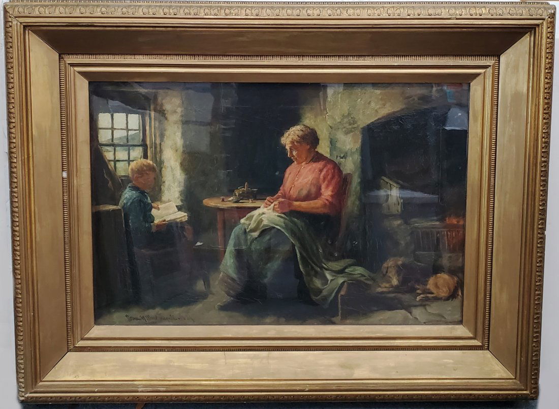 Antique Norman MacDougal 1889 Woman Boy Dog European Genre Oil Painting British Artist D Brand Galle (1 of 9)