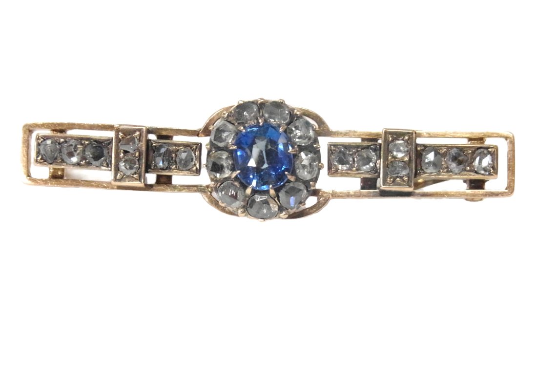 GIA Aprx 0.85ct No Heat Natural Blue Sapphire Old Rose Cut Diamond 14k Gold Victorian Antique Brooch (1 of 14)