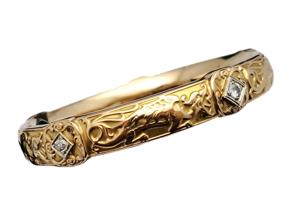 Riker Bros Antique Dragon Motif Old Euro Diamond 14K Gold Bangle (1 of 6)
