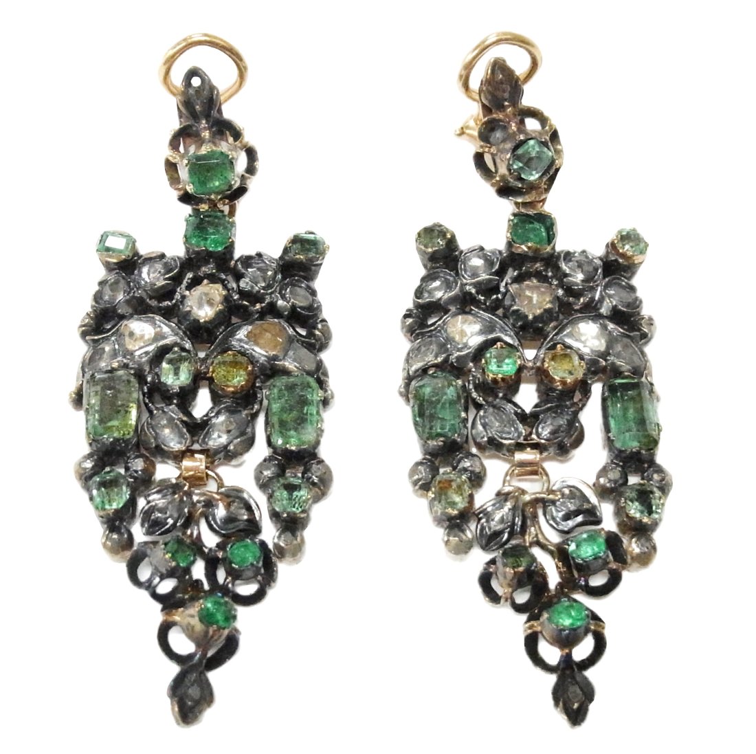 Antique Natural Emerald Rose Cut Diamond Silver Top Gold Back Ear Clips Victorian Dangle Earrings (1 of 10)