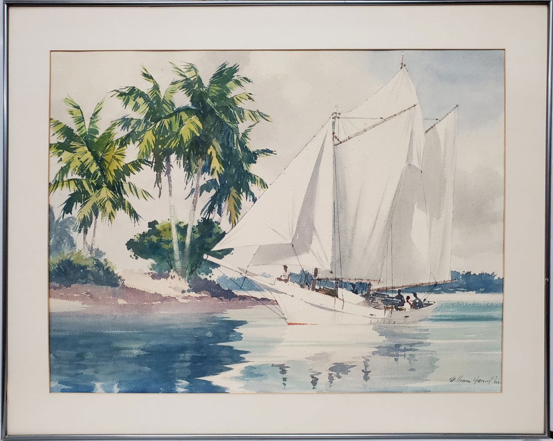 Florida Artist William Henry 1962 Tropical Seascape Sailboat Watercolor Painting (1 of 9)