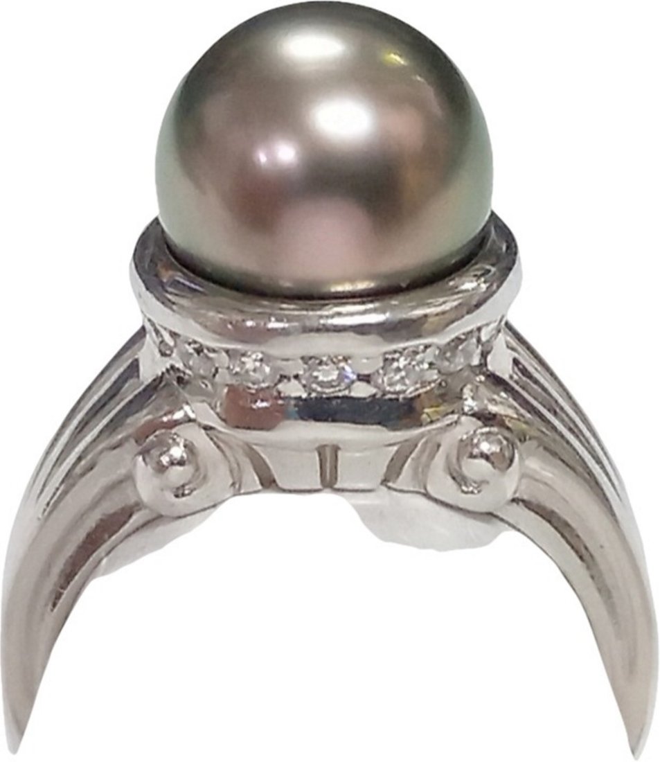 Mikimoto Platinum Diamond 10.5mm Black Pearl Vintage Ladies Signed Designer Ring (1 of 8)