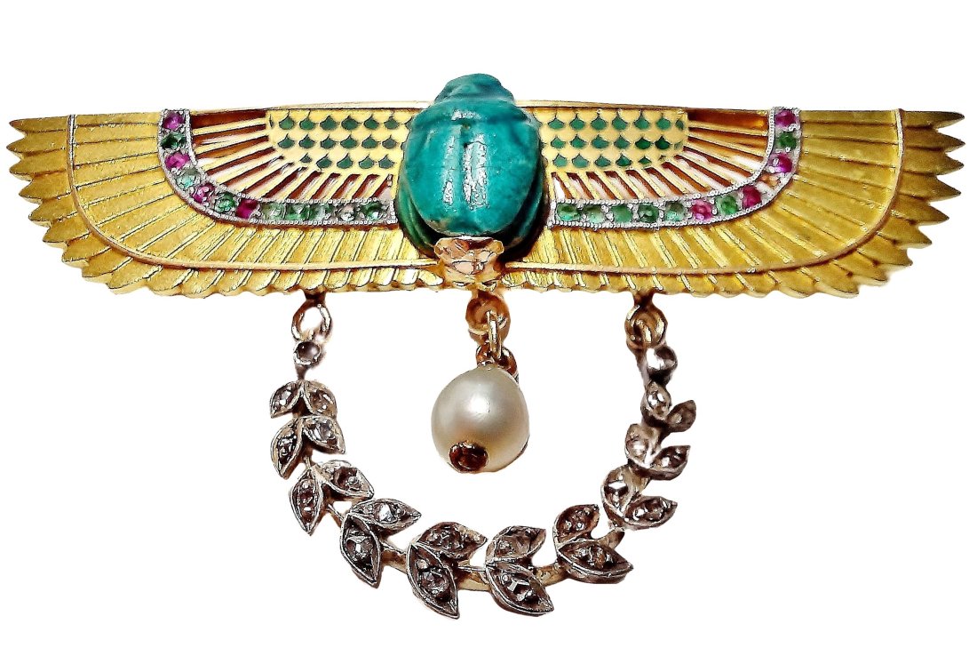 18K Gold Antique Egyptian Revival Winged Scarab Multi Gemstone Diamond Brooch w/ French Hallmarks (1 of 12)