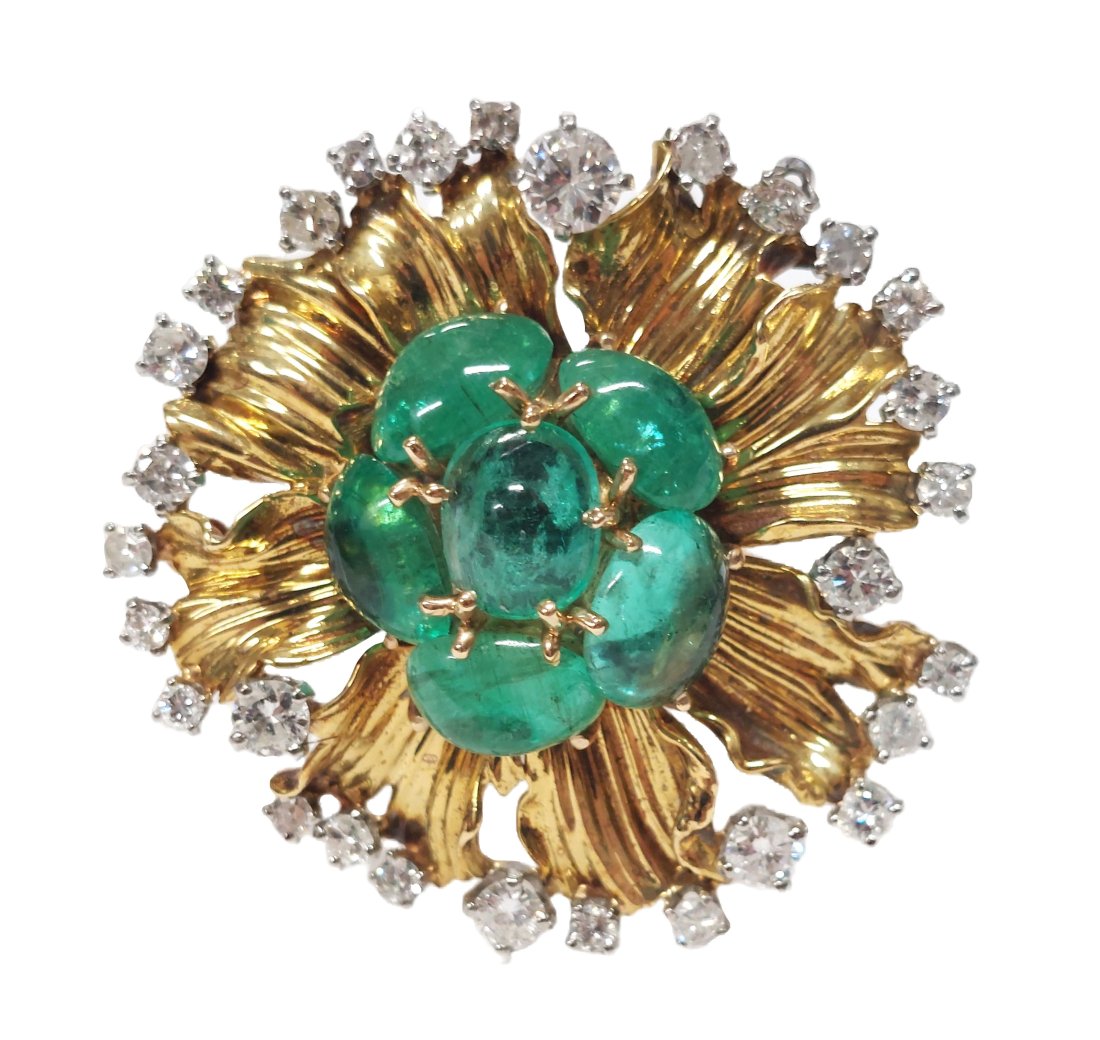 8.80ctw Natural Emerald Heavy 18k Gold 2.50ctw Fine Diamond Midcentury Floral Motif Pin or Pendant (1 of 7)