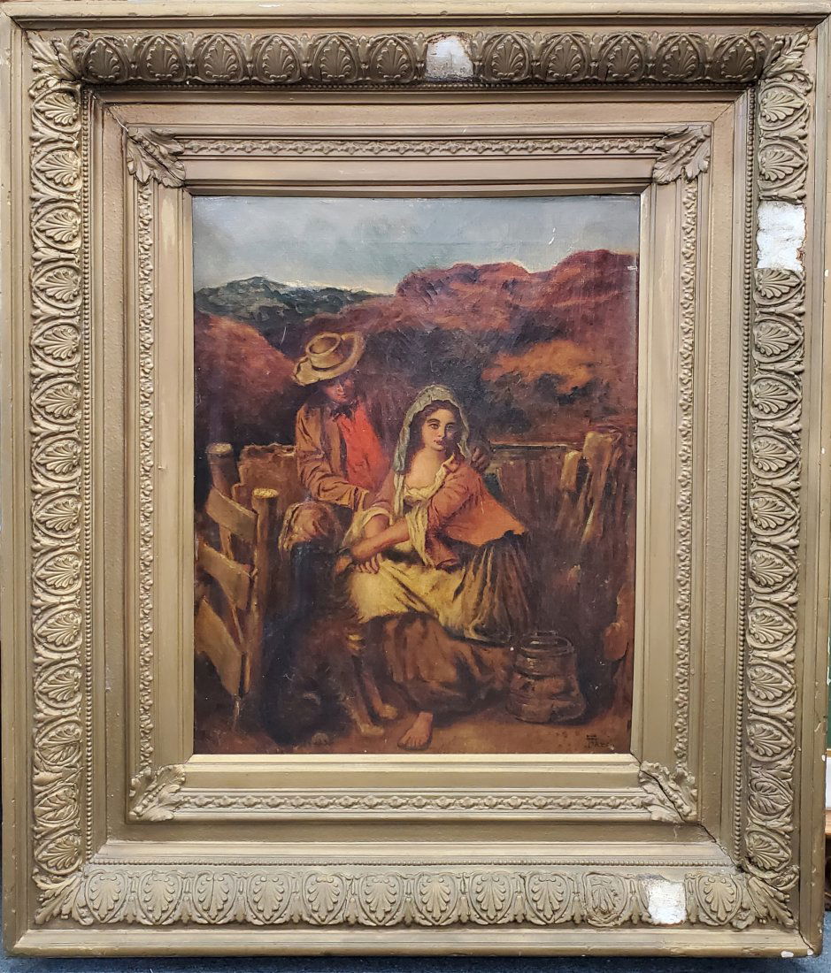 Thomas Faed Scottish Artist Antique 19c Couple Dog Genre Landscape Oil Painting (1 of 8)