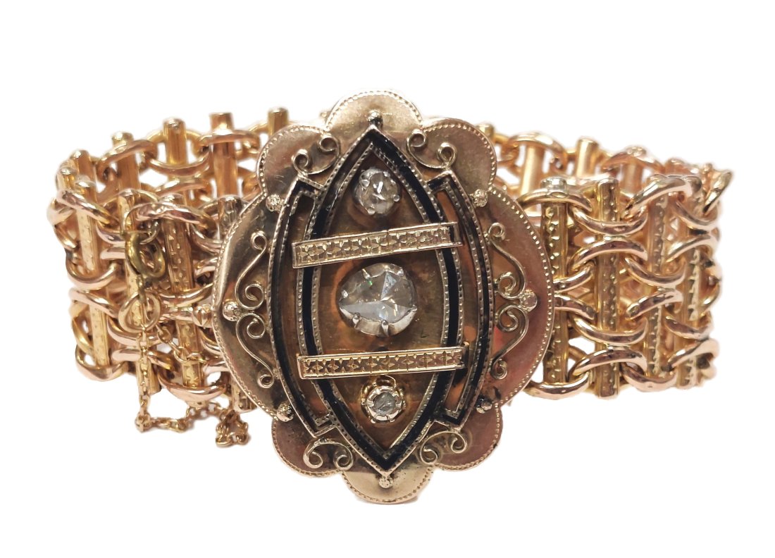 Victorian Era Multi Color 18k Gold Enamel Rose Cut Diamond Handmade Statement 7.5in Bracelet 45gr (1 of 13)