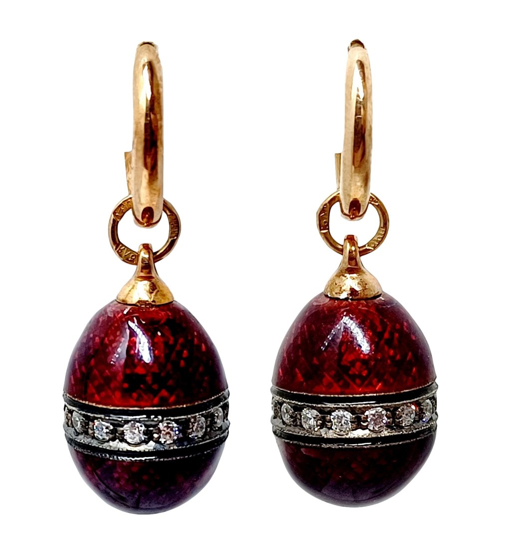 14K Rose Gold Diamond Red Burnt Orange Enamel Russian Hallmark Egg Earrings: Title: 14K Rose Gold Diamond Red Burnt Orange Enamel Russian Hallmark Egg Earrings Description:14K Rose Gold Diamond Red Burnt Orange Enamel Russian Hallmark Egg Earrings Here are the specifications: