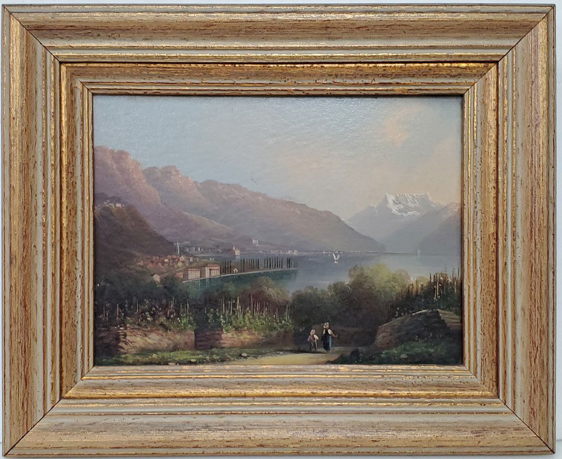 E Grossen Swiss Alpine Lake Vista Late 19c City Hillside Antique Oil Painting (1 of 7)