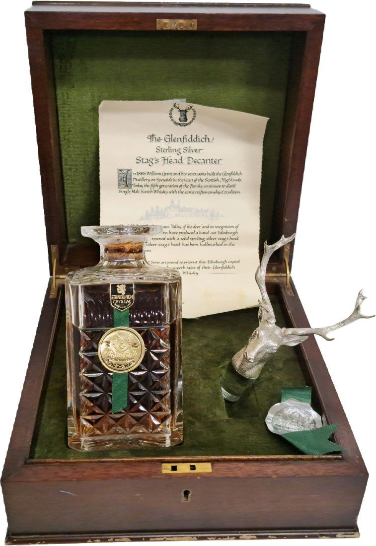 Glennfiddich 25 Year Old Single Malt Scotch Whisky Sterling Silver Stag Head Decanter w Box Papers (1 of 10)