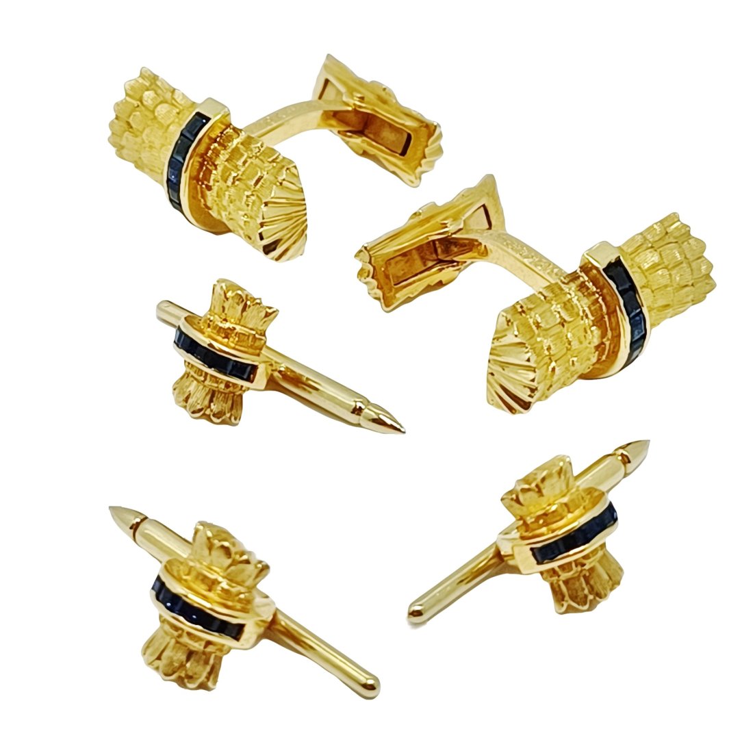 Tiffany and Co 18K Gold Nat Sapphire Textured Cufflink Stud Vintage Tuxedo Set (1 of 12)