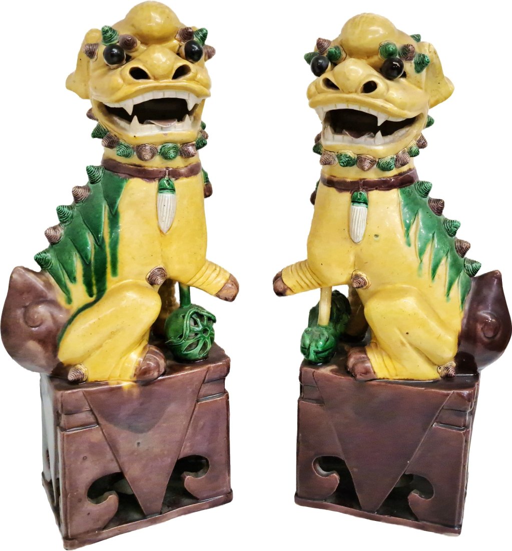 Antique Circa Chinese Republic Era Sancai Spinach Egg Foo Dog Lion Statue Sculpture Pottery (1 of 12)