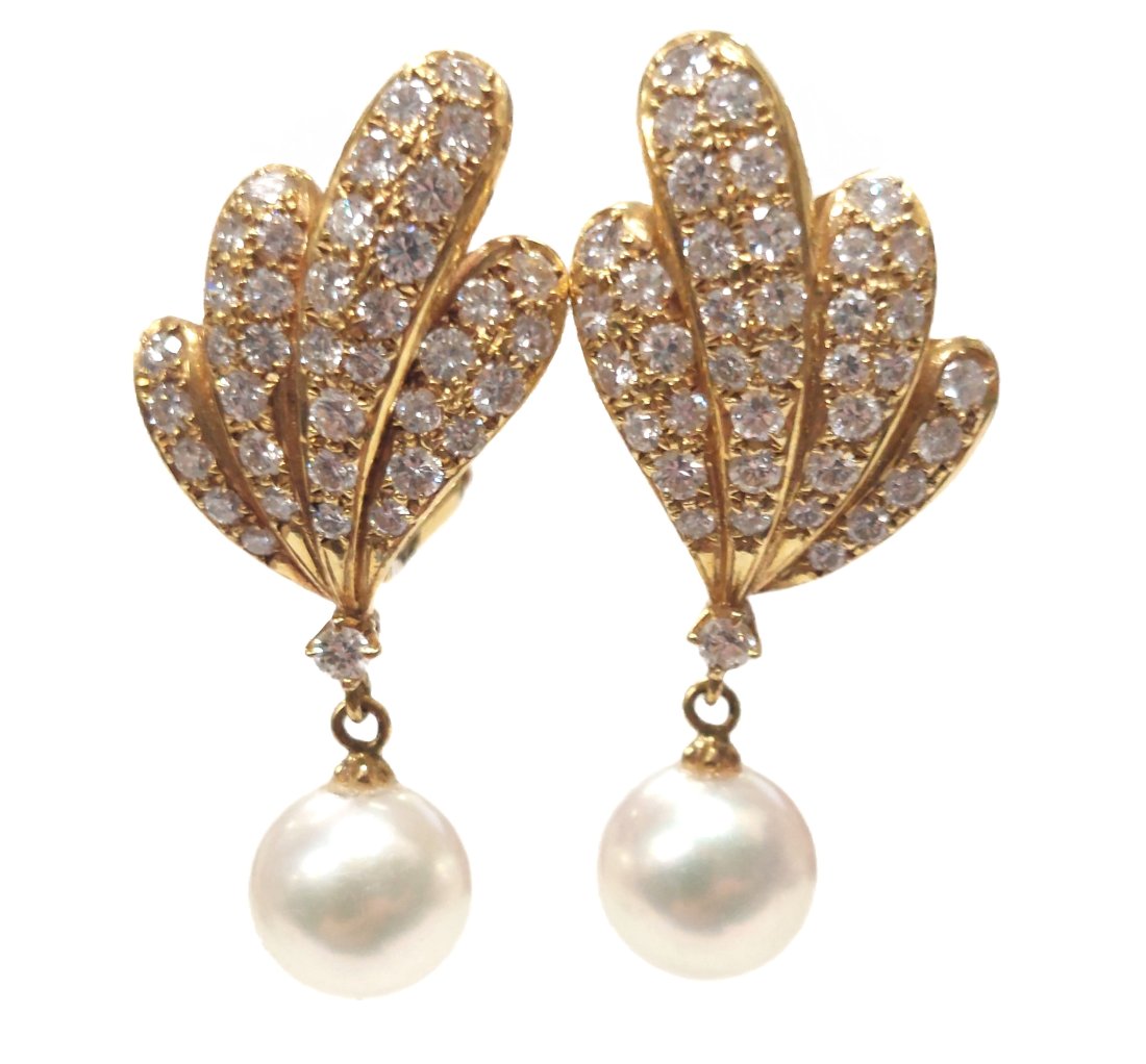 Designer Signed Mikimoto 18k Gold Diamond 7.8mm Fine Cultured Pearl Elegant Omega Back Dangle Earrin (1 of 9)