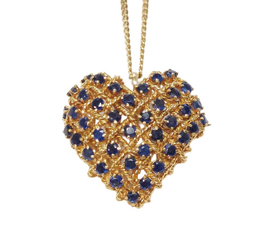 Signed Tiffany & Co. Fine Quality Natural Sapphire Large 18k Gold Heart Pin Pendant on Unsigned 14k (1 of 13)