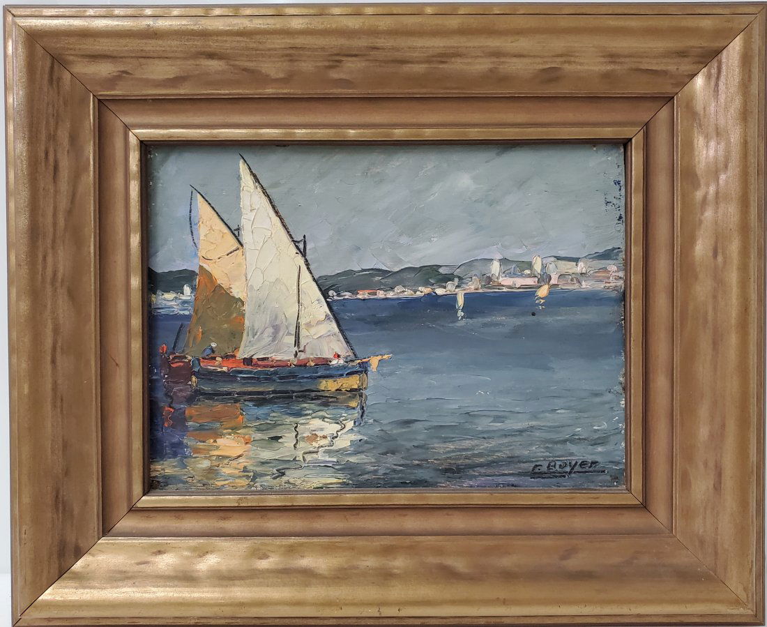 Plein Air St Tropez Type Mediterranean or Venice Oil Mystery Artist R or E or C Boyer Signed Paintin (1 of 6)