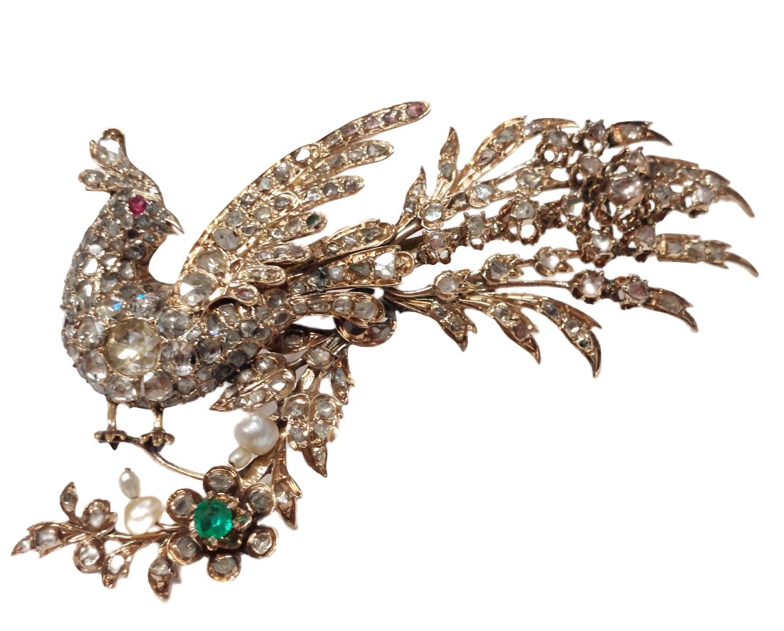Over 100 Rose Cut Diamonds Solid Gold Ruby Eyed Peacock Emerald Pearl Large Antique Brooch (1 of 11)