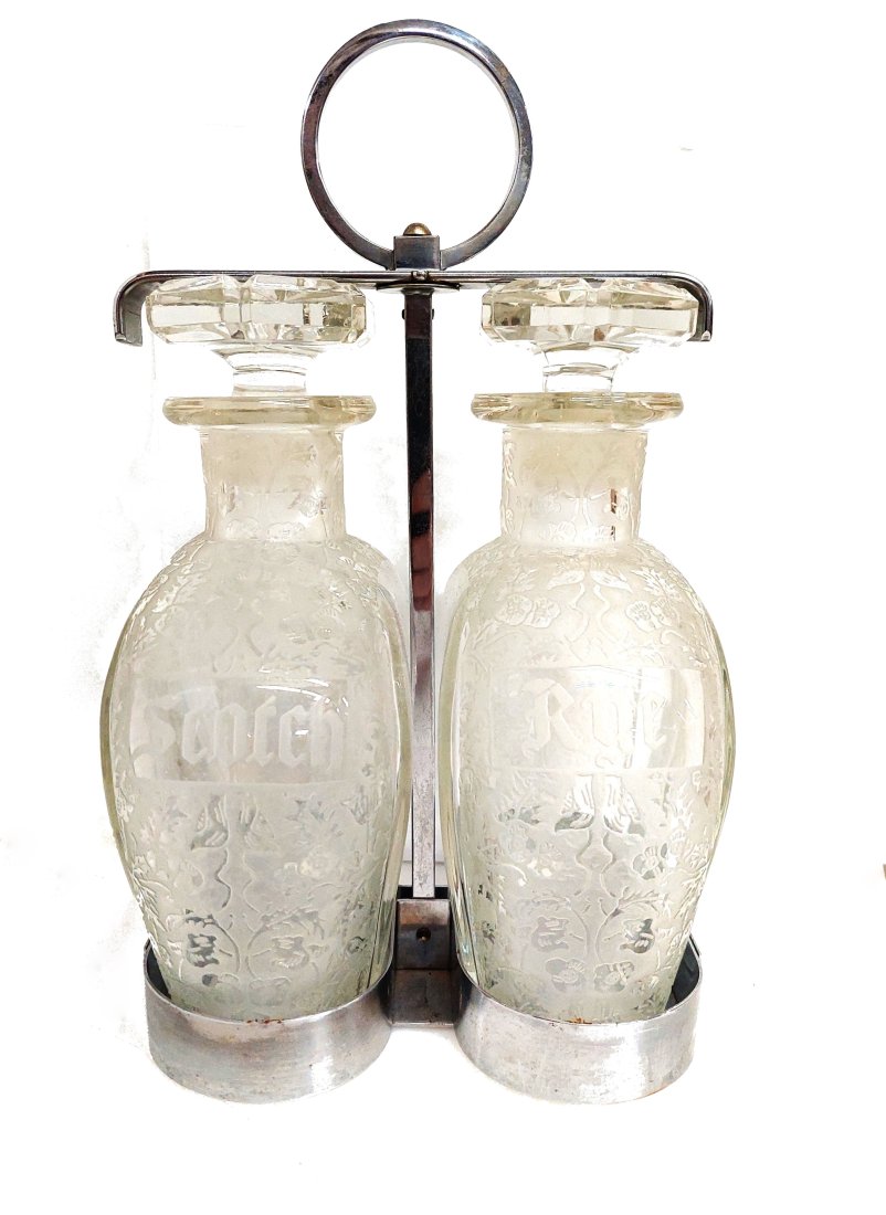 Vintage Mid-Century Etched Glass Scotch Rye Decanters Chrome Stand Holder (1 of 10)