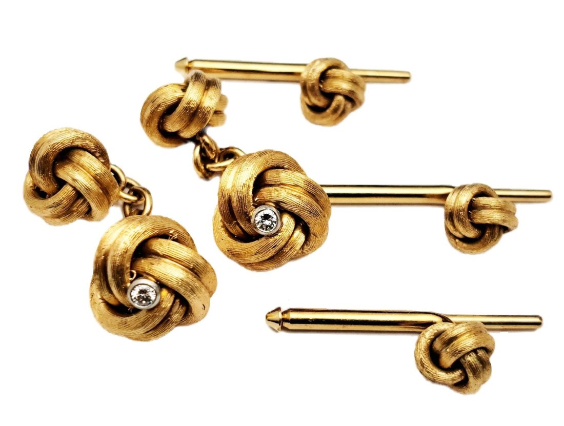 Tiffany Co Mid Century 29.5g Gold Diamond Love Knot Cufflinks Shirt Stud Set w/ Box (1 of 7)