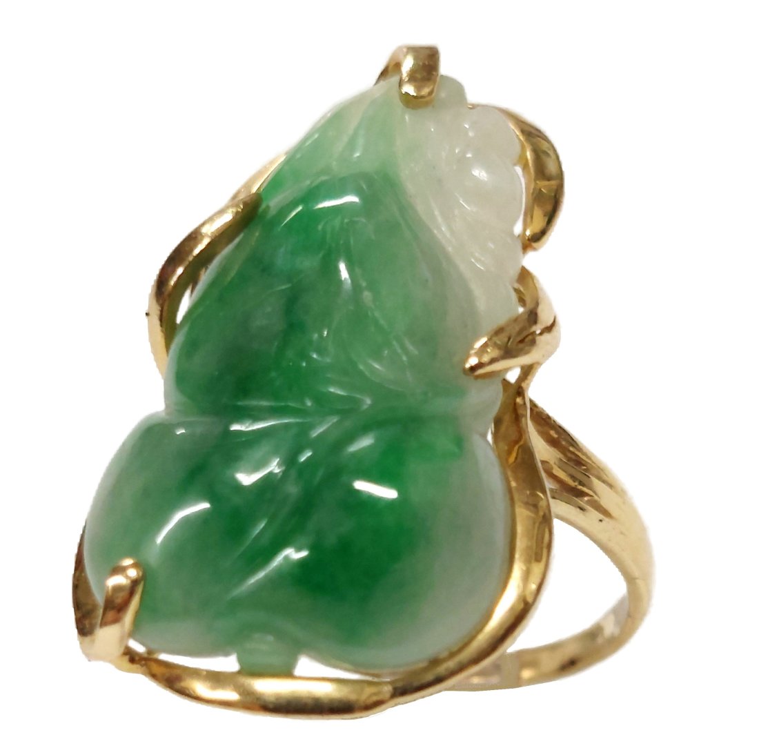 Chinese Qing Carved Moss in Snow Jadeite Jade 14k Gold Ladies Vintage Ring Size 10 (1 of 9)